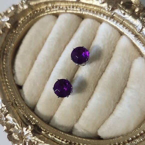 Purple And Silver Tone Stud Earrings - Picture 3 of 3